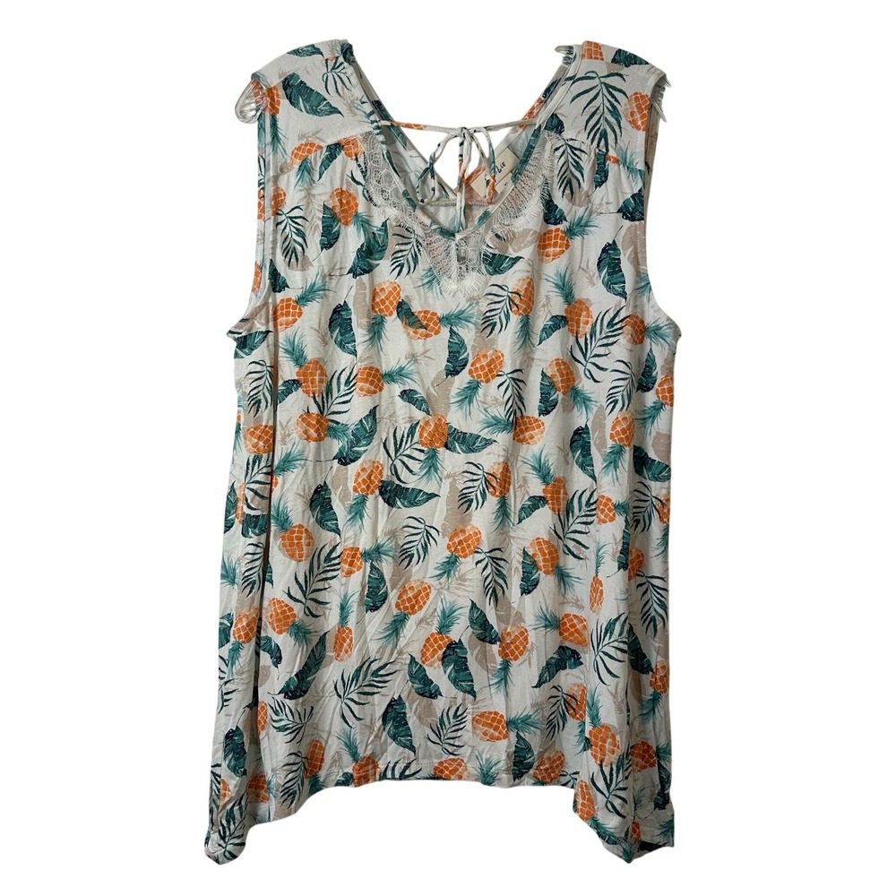 Style & Co XL Pineapple Tropical Print Lace V-Neck Sleeveless Top White Orange
